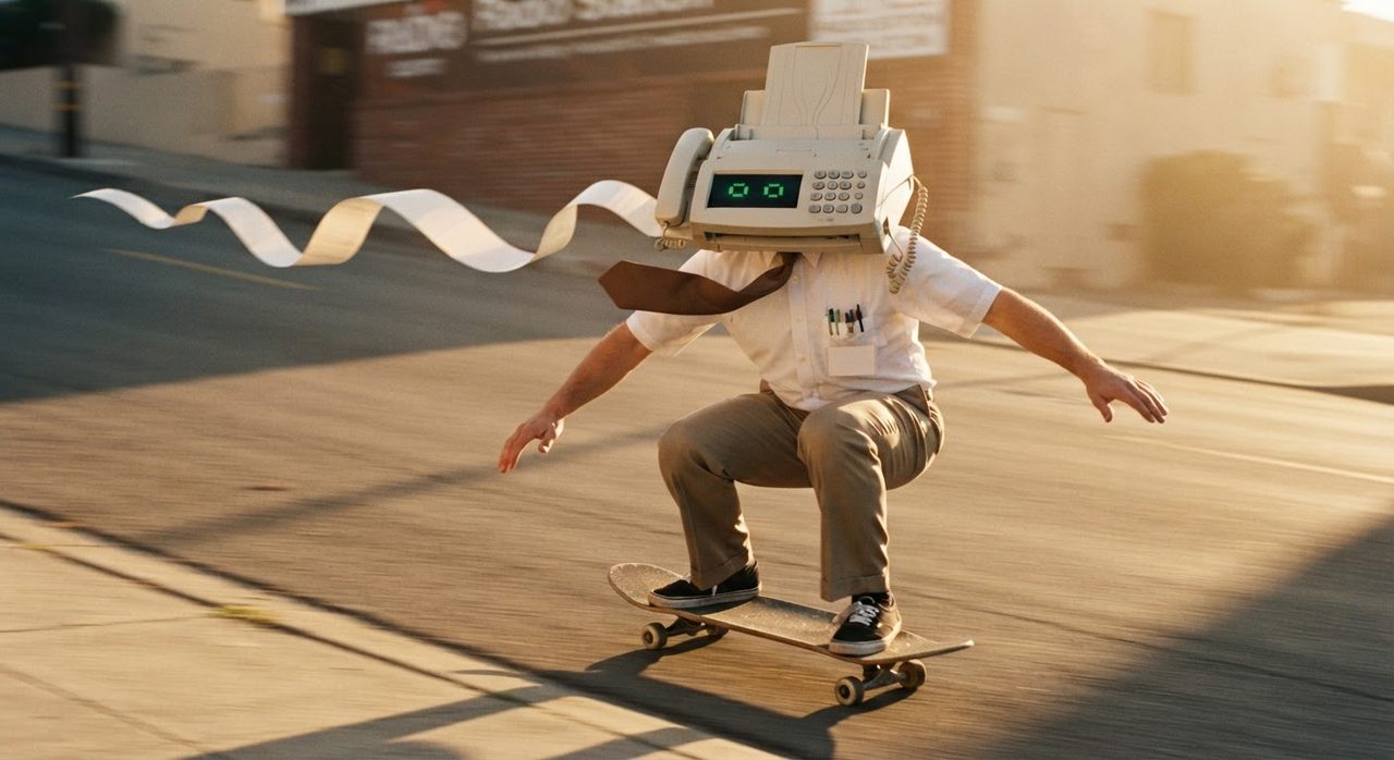 Hal Fax, whose head is a beige office fax machine, skating downhill in a white shirt and brown tie as a long strip of fax paper streams out behind him